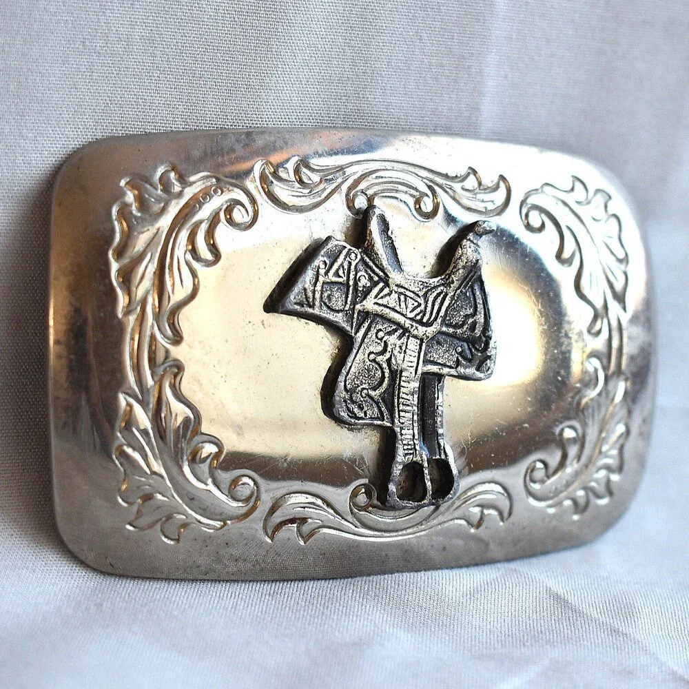 Vintage Belt Buckle‎ Horse Saddle Filigree Stamped Engraved Etched Western USA